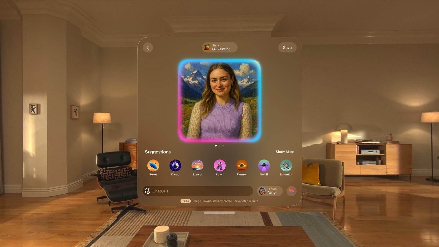 A visionOS interface floating in a warmly lit living room, showcasing the Image Playground feature of Apple Intelligence. At the center, a generated oil painting–style portrait of a smiling woman is bordered by a glowing frame. Style suggestions such as Disco, Sci-fi, and Sunset appear below. A ChatGPT option is visible in the bottom panel, indicating integration for generating images. The entire UI hovers mid-air, blending with the real-world environment.