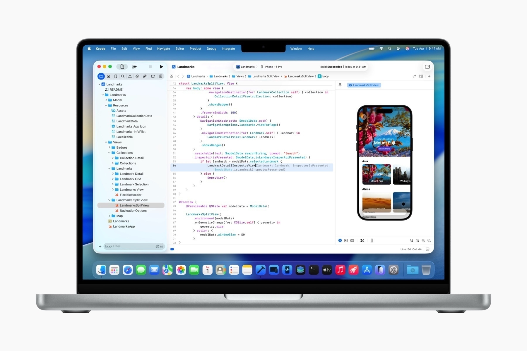 A macOS 15 (Tahoe) desktop displaying the updated Xcode interface. The screen shows Swift code alongside a live UI preview and a new minimap for navigation. The menu bar and window chrome have rounded corners and translucent effects. The desktop background depicts a clear alpine lake with snow-covered mountains under blue sky.