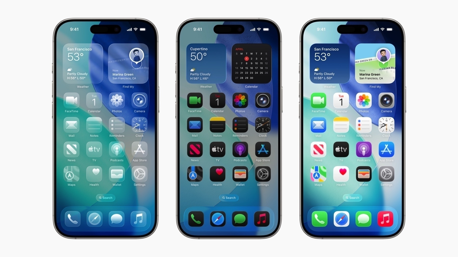 Three iOS 26 home screens showing app icons. The first screen displays transparent icons; the second shows dark mode icons, and the third features light mode icons. A blurred wallpaper serves as the background, placing focus on the icons.