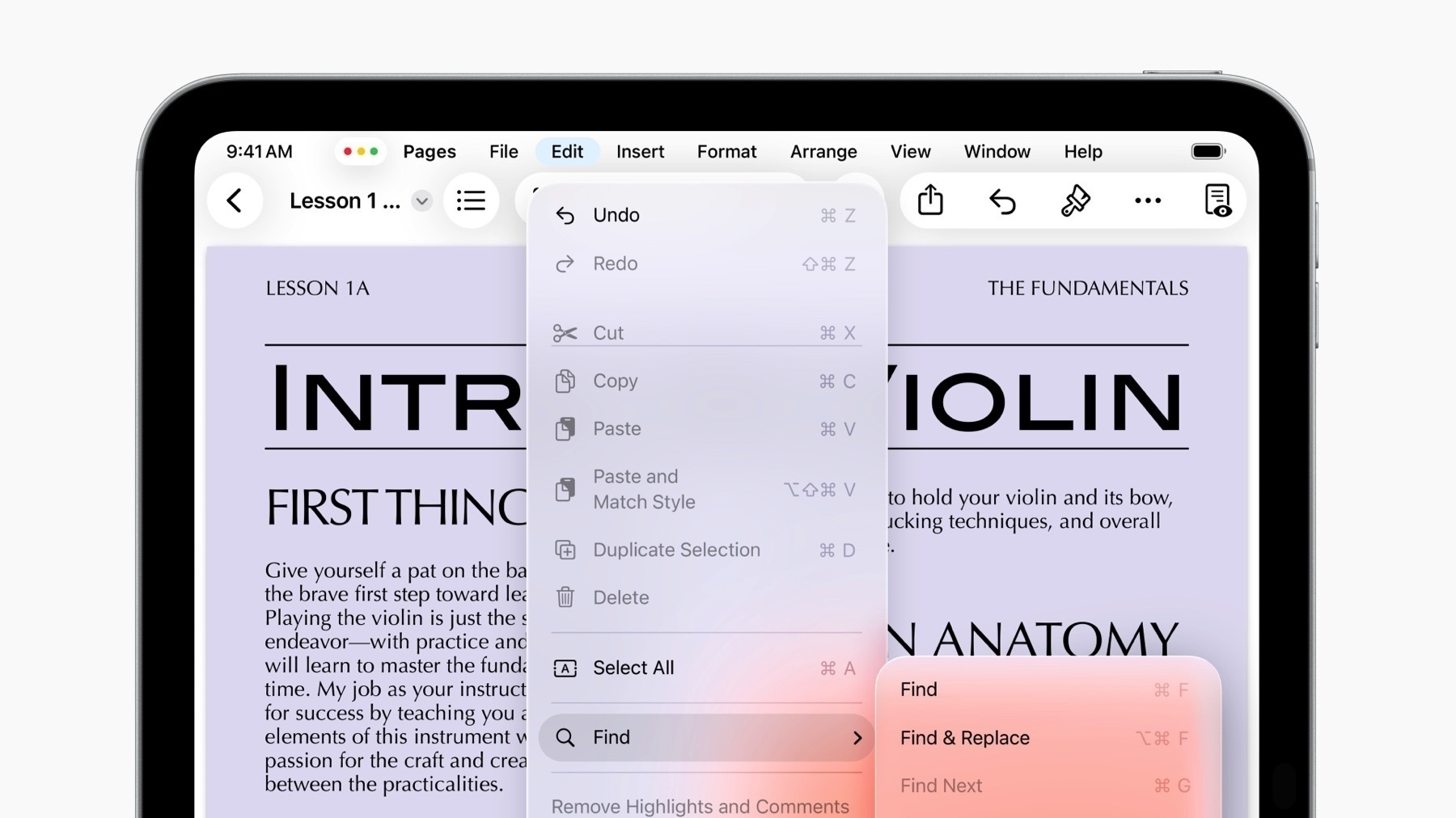 iPadOS 26 interface featuring a new systemwide menu bar at the top with items like File, Edit, and View. The layout mimics macOS-style controls, enhancing productivity workflows. The left sidebar, listing content options, appears to float above the app canvas, casting a subtle shadow. A stylus hovers near the screen, suggesting Apple Pencil interaction, with a softly blurred wallpaper in the background.